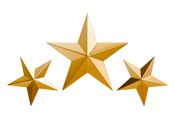 Obraz premium Golden stars composition with one large star in the center and two smaller stars on the sides. 3D render representing rating, priority, quality and selection concept