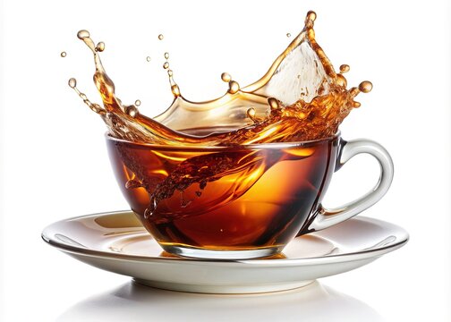Black tea wave splash in glass cup with steam anddescription