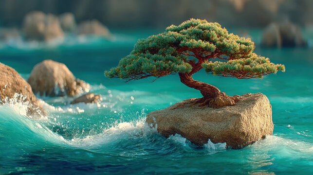 Digital bonsai tree with wind and water animation effects