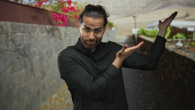 Man with hand to face shrugging on street beside stone wall and planter wearing black shirt; indifference casual demeanor.