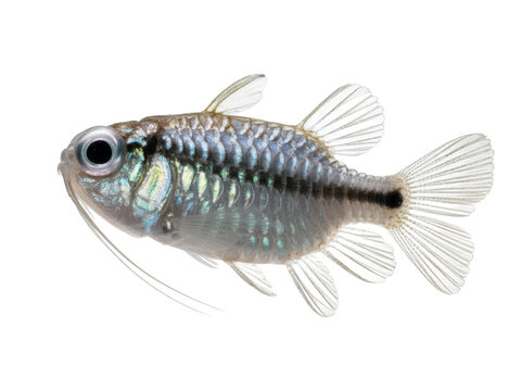 Small tropical fish with iridescent scales isolated on transparent background