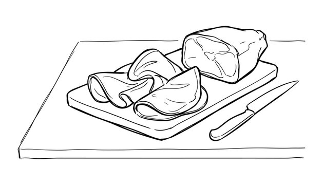 Sliced ham on cutting board with kitchen knife for deli, butcher shop, grocery, restaurant menu, food packaging, and meat product branding, vector illustration.