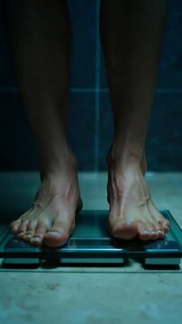 Bare feet stepping on weighing scale. Weight obsession concept.