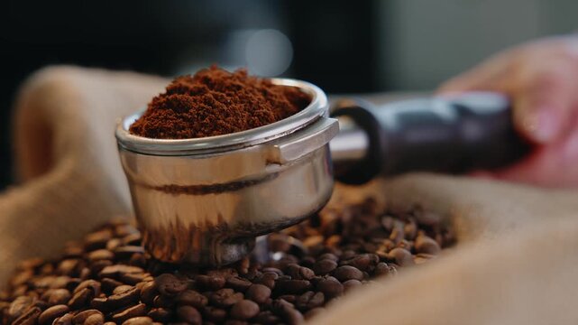 Coffee beans and ground coffee in portafilter on burlap sack background for food banner.
