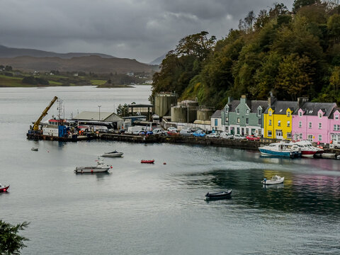 View of the beautiful Portree Harbour  and town, with Colorful Houses, Isle of Skye Scotland &ndash; Scenic Coastal Village Landscape