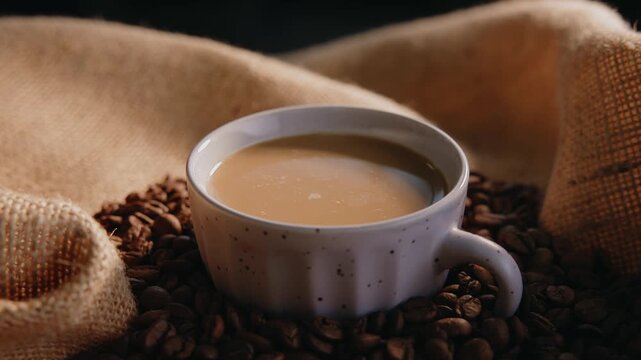 Fresh espresso cup on roasted coffee bed in burlap sack for cafe menu, background drink food.