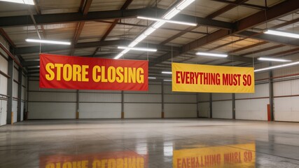Fototapeta premium A large empty warehouse with store closing and everything must go banners hanging from the ceiling, indicating a clearance sale and auction of commercial property and goods.