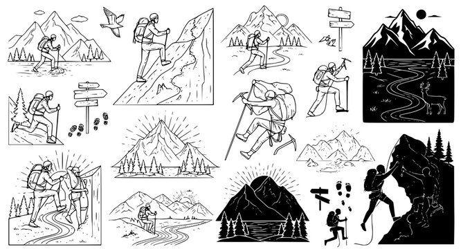 Compilation of detailed mountain hiking and outdoor exploration illustrations showing backpackers climbing rugged peaks and scenic trails for adventure travel branding
