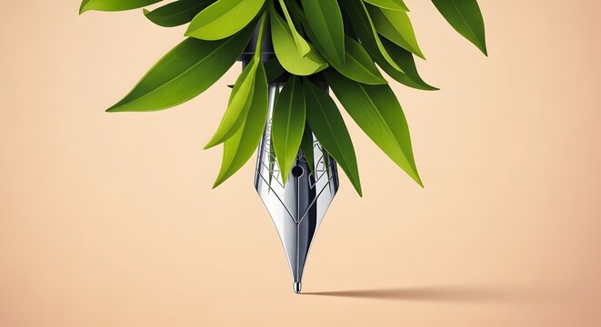 Tropical leaves and a blue writing pen on peach background