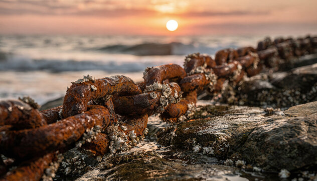 Close-up of a heavily corroded metal chain covered in barnacles and rust, resting on wet rocks by the ocean at sunset, with soft waves and a warm sky in the background