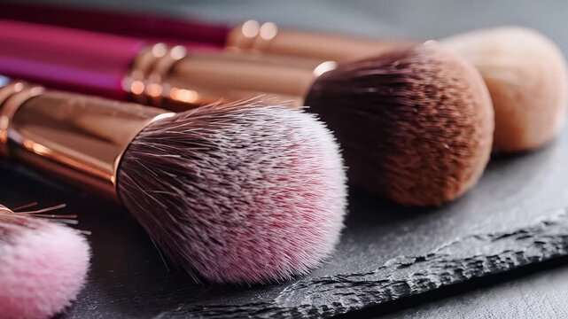 Close up of makeup brushes with rose gold handles on a slate surface.