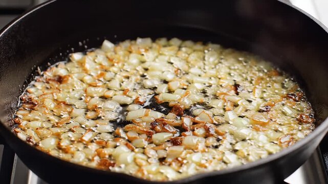 Sauting Diced Onions in a Cast Iron Skillet for Cooking.