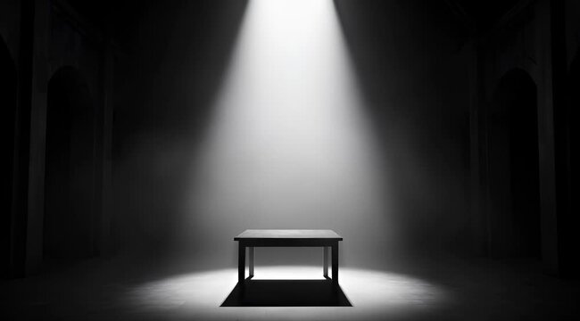 Intense spotlight beam illuminates small empty wooden table in vast dark mysterious room, creating solemn atmosphere.