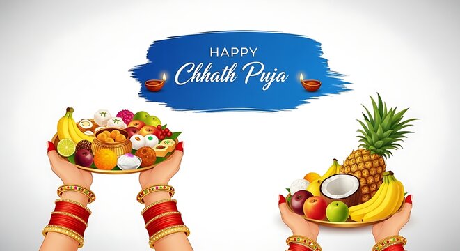 Hands offering chhath puja prasad and fruits