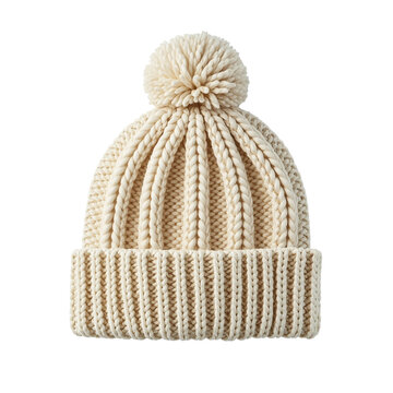 A cream-colored knitted beanie with a pom-pom on transparent background