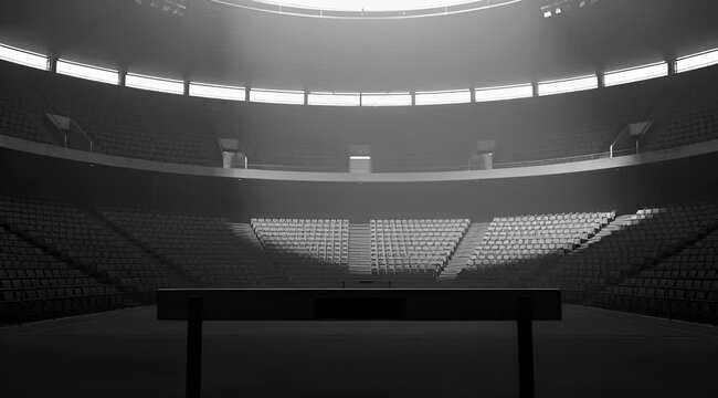 Dramatic empty indoor stadium with tennis court, light rays piercing foggy atmosphere, vast seating area. Modern sports arena.