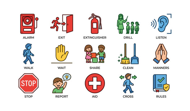 Safety and behavior icons arranged in grid on white background