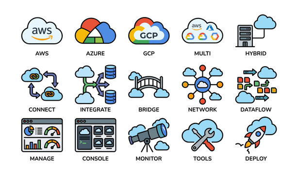 Cloud platform and management icons sheet in grid layout