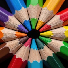 Fototapeta premium Circle of sharp colored pencils with points facing center