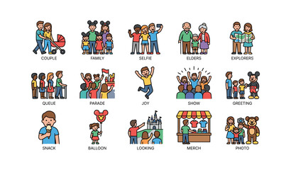 Naklejka premium People and family activity icons arranged in grid layout
