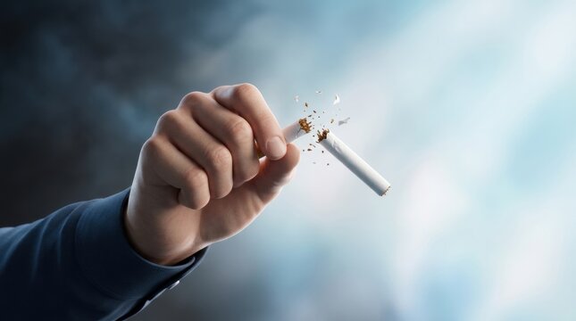 Hand Breaking a Cigarette Symbolizing the Struggle With Bad Habits and Addiction Recovery in Healthcare Context