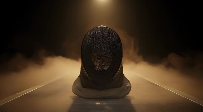 Fencing mask on reflective strip, spotlight illuminating protective sports equipment in dark, smoky arena.