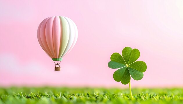 ピンク背景の気球と四つ葉クローバーの素材