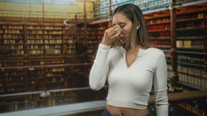 Fototapeta premium Woman pinches bridge of nose and rubs forehead in an old library with bookshelves and spiral staircase visible; study focus fatigue.