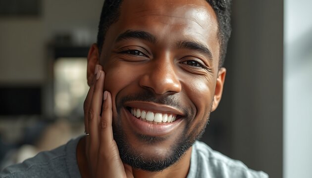 A Black man smiling and applying skincare product to his face with his hand