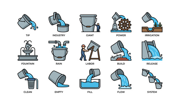 Bucket and water icons of pouring and irrigation on white