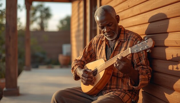 A Black grandfather playing a mandolin on a wooden porch at golden hour