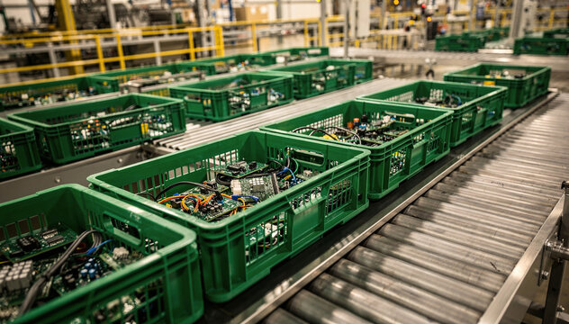 Industrial conveyor belt with green crates full of electronic waste moving through a modern recycling facility for sustainable technology disposal