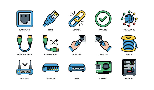 Network icons showing lan cables ports routers switches and servers