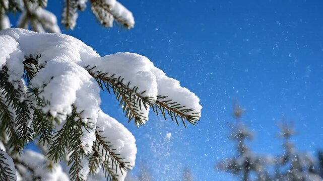 Close up of snow covered pine tree branches against a bright blue sky.
