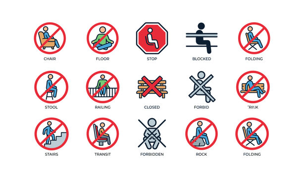 Prohibition signs showing forbidden seating and access actions