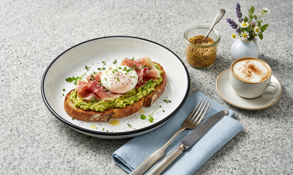 Avocado toast with Parma ham and poached egg served with cappuccino and grain mustard on a granite table