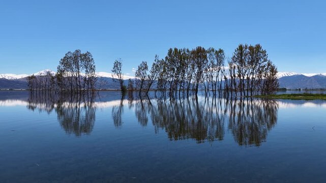 The enchanting reflection of trees and snow-capped mountains in the crystal-clear waters of Elmalı Karag&ouml;l.
