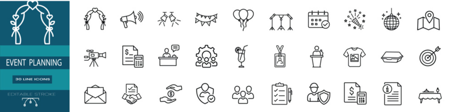 Event planning web line icons set wedding organization party celebration catering management web line icons set & more vector illustration on editable stroke
