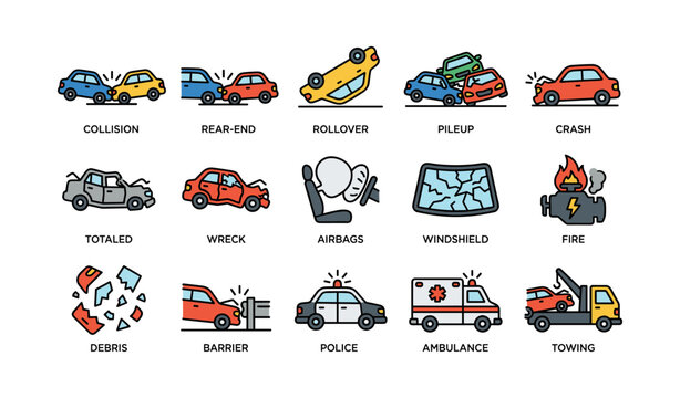 Car accident icons showing collisions and emergency response