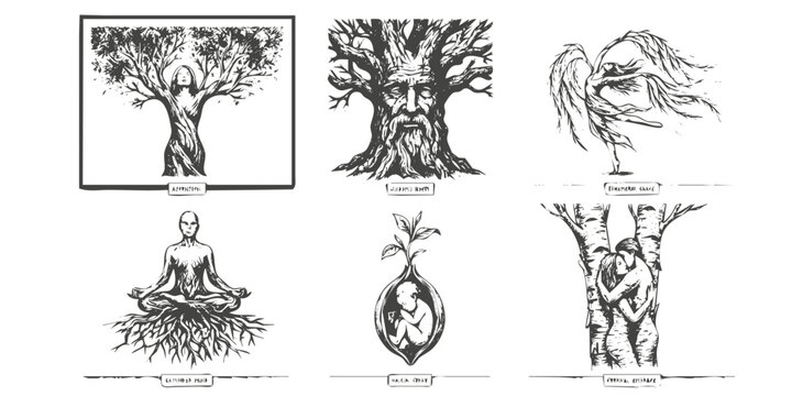 Human Tree Surrealist Merged Figure Collection-Crosshatch Torso Trunk Bark Face Oak Roots Meditation Willow Birch Lovers Sapling-Fine Art