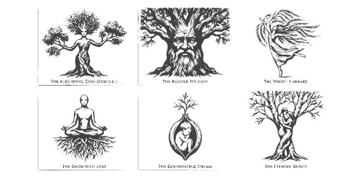 Human Tree Surrealist Merged Figure Collection-Crosshatch Torso Trunk Bark Face Oak Roots Meditation Willow Birch Lovers Sapling-Fine Art