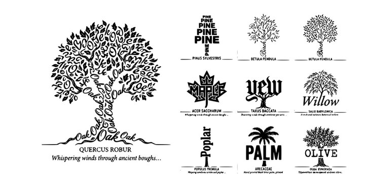 Typographic Lettering Tree Collection-Cursive Script Calligraphic Copperplate Blackletter Gothic Sans-Serif Typewriter Letterform-Fine Art
