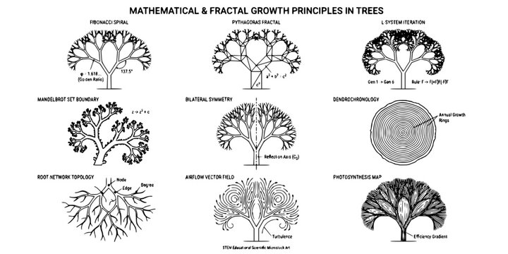 Fractal Mathematical Tree Collection-Fibonacci Golden Ratio Pythagoras L-System Mandelbrot Dendrochronology Fractal STEM Science-Black White Art