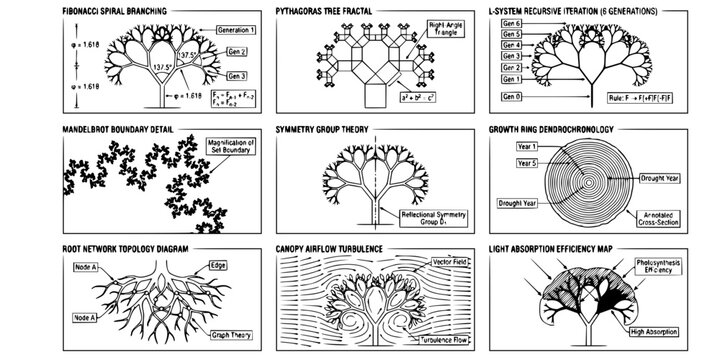 Fractal Mathematical Tree Collection-Fibonacci Golden Ratio Pythagoras L-System Mandelbrot Dendrochronology Fractal STEM Science-Black White Art