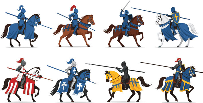 Set of medieval knight characters riding horses in full armor with lances and shields for historical tournament vector illustration
