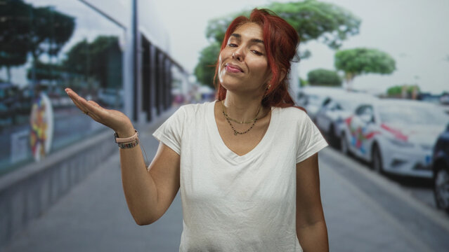 Woman with open palm gesture showing left hand and bracelets, red hair and white tshirt on street beside parked cars and trees; sassy doubt.