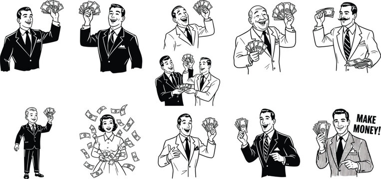 Set of retro vintage businessman characters holding money in 1950s comic style for finance and success vector illustration