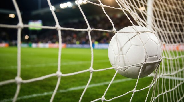 Close up of a classic white soccer ball hitting the back of the goal net on a green grass pitch inside a grand sports stadium with blurred bright glowing evening lights.