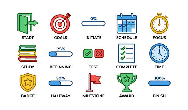 Icons showing progress and productivity concepts on white background