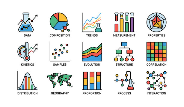 Data analysis icons arranged in labeled grid on white background
